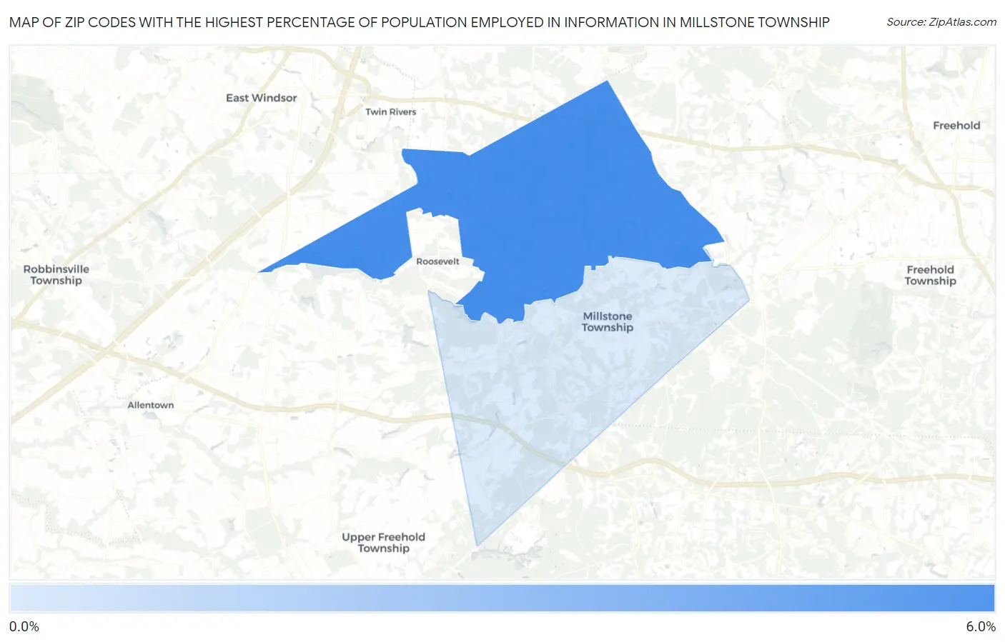 Zip Codes with the Highest Percentage of Population Employed in Information in Millstone Township Map
