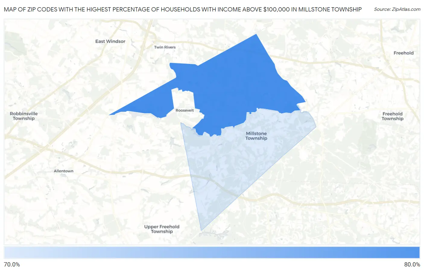 Zip Codes with the Highest Percentage of Households with Income Above $100,000 in Millstone Township Map