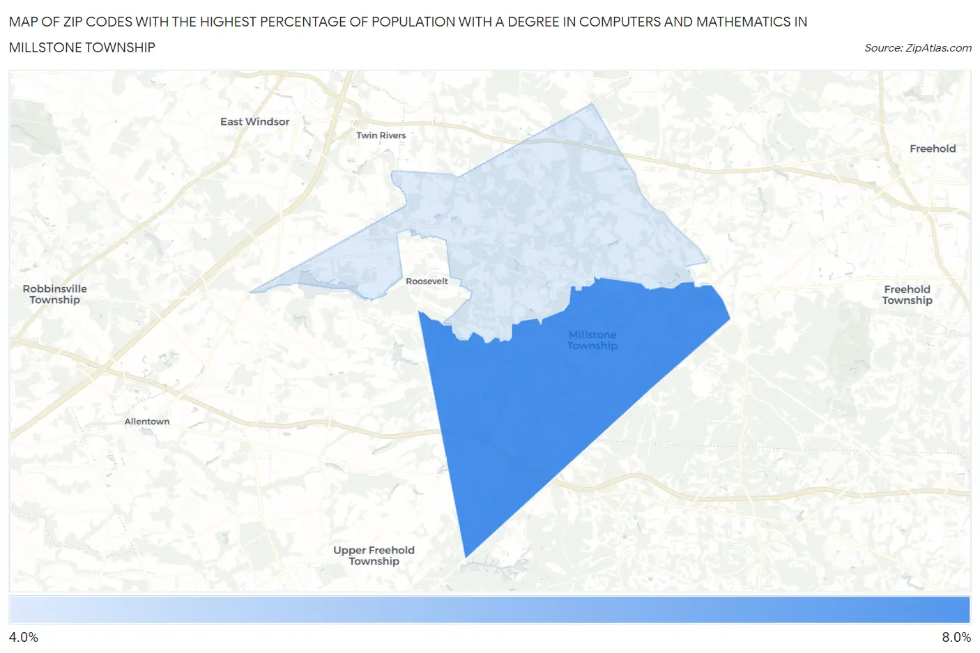 Zip Codes with the Highest Percentage of Population with a Degree in Computers and Mathematics in Millstone Township Map