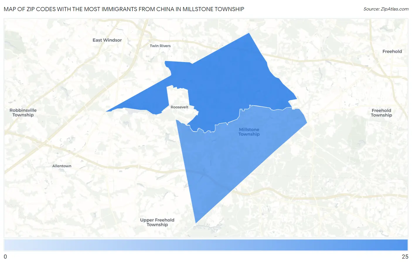 Zip Codes with the Most Immigrants from China in Millstone Township Map