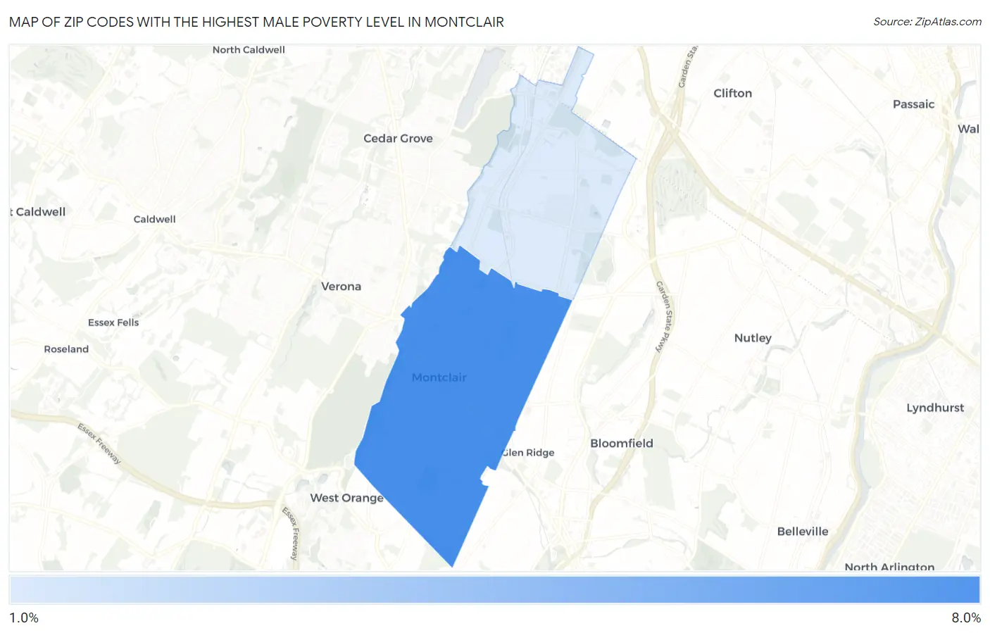 Zip Codes with the Highest Male Poverty Level in Montclair Map