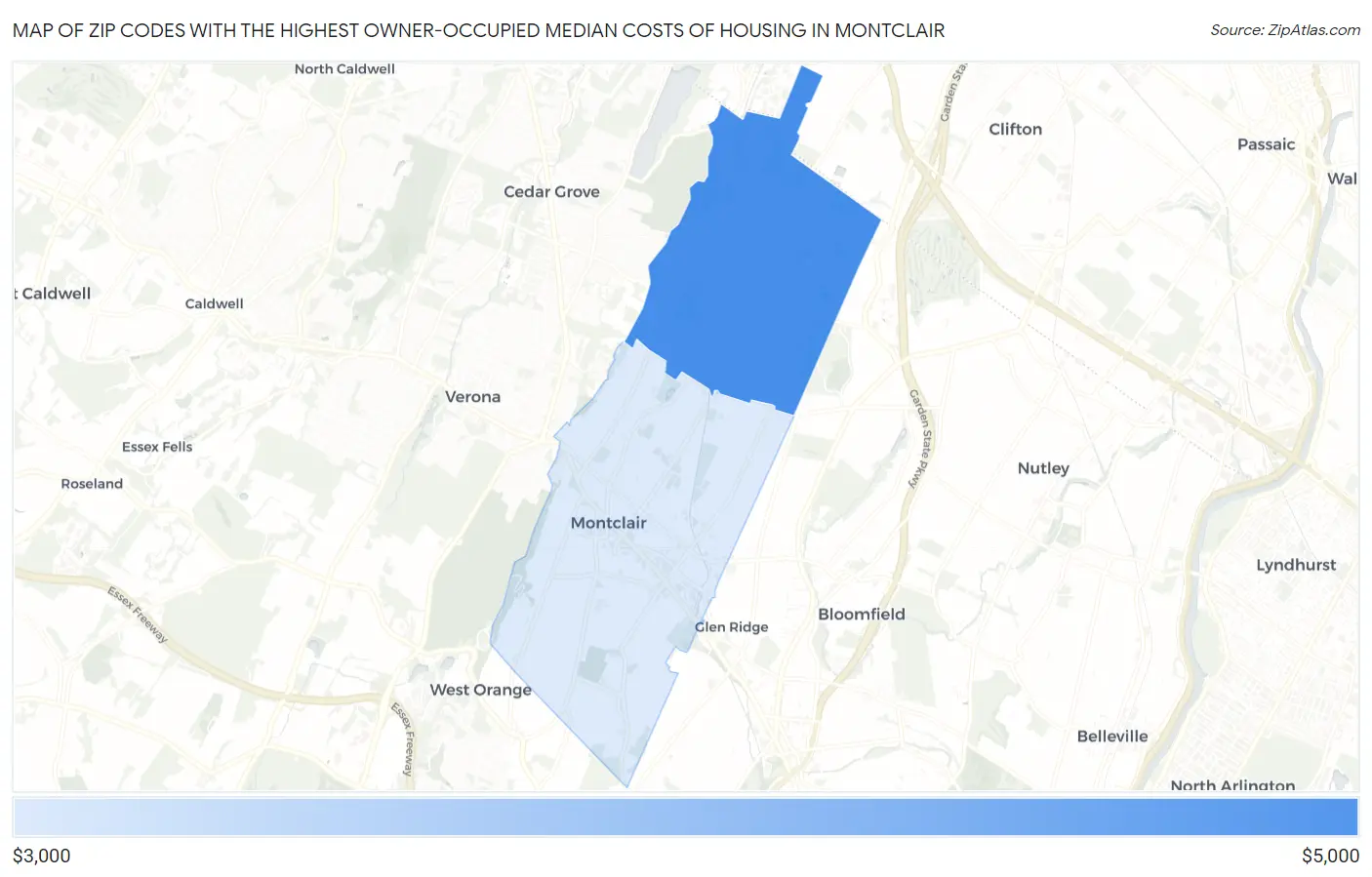 Zip Codes with the Highest Owner-Occupied Median Costs of Housing in Montclair Map