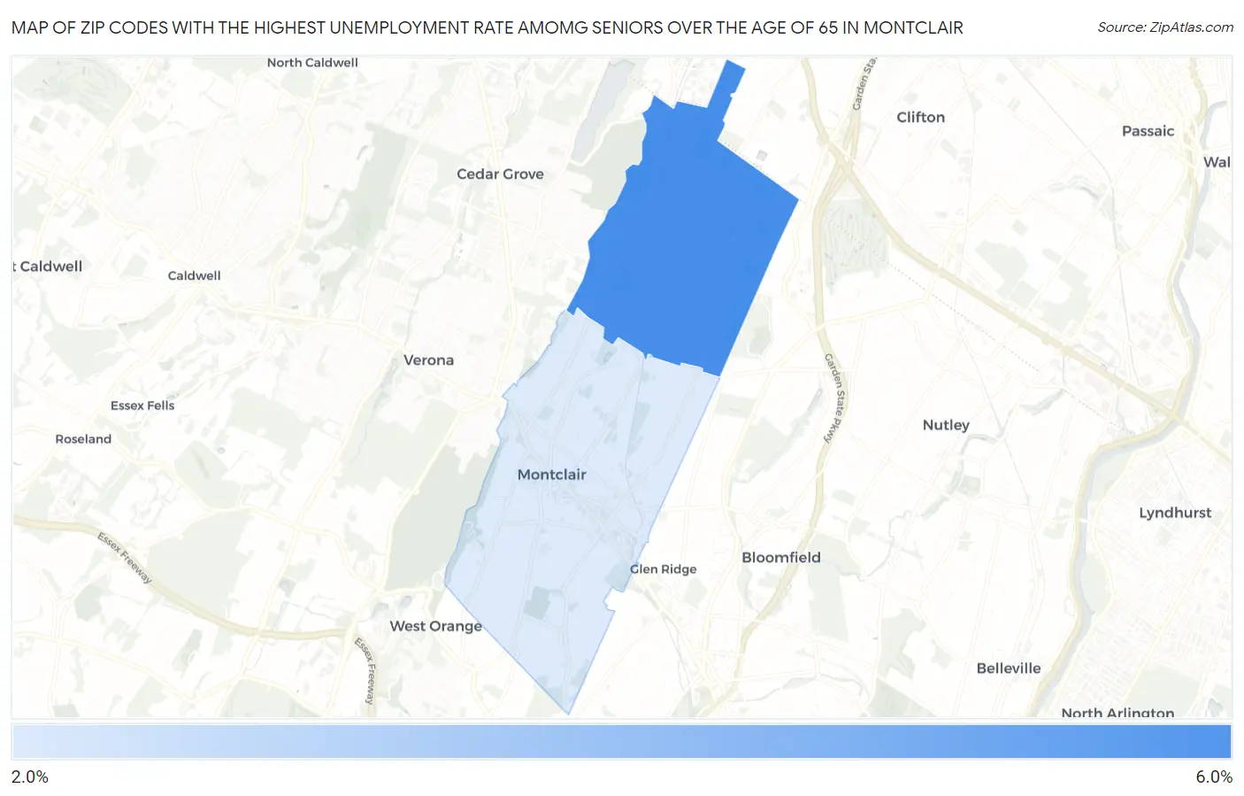 Zip Codes with the Highest Unemployment Rate Amomg Seniors Over the Age of 65 in Montclair Map