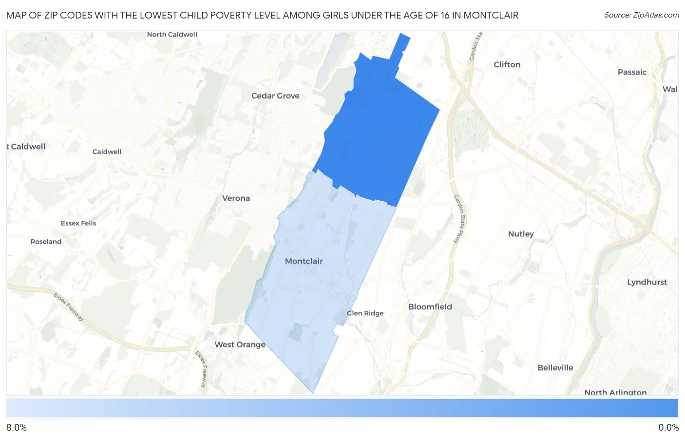 Zip Codes with the Lowest Child Poverty Level Among Girls Under the Age of 16 in Montclair Map
