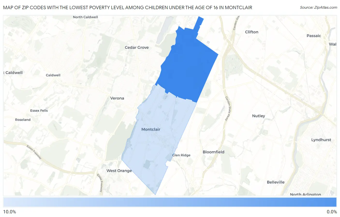 Zip Codes with the Lowest Poverty Level Among Children Under the Age of 16 in Montclair Map