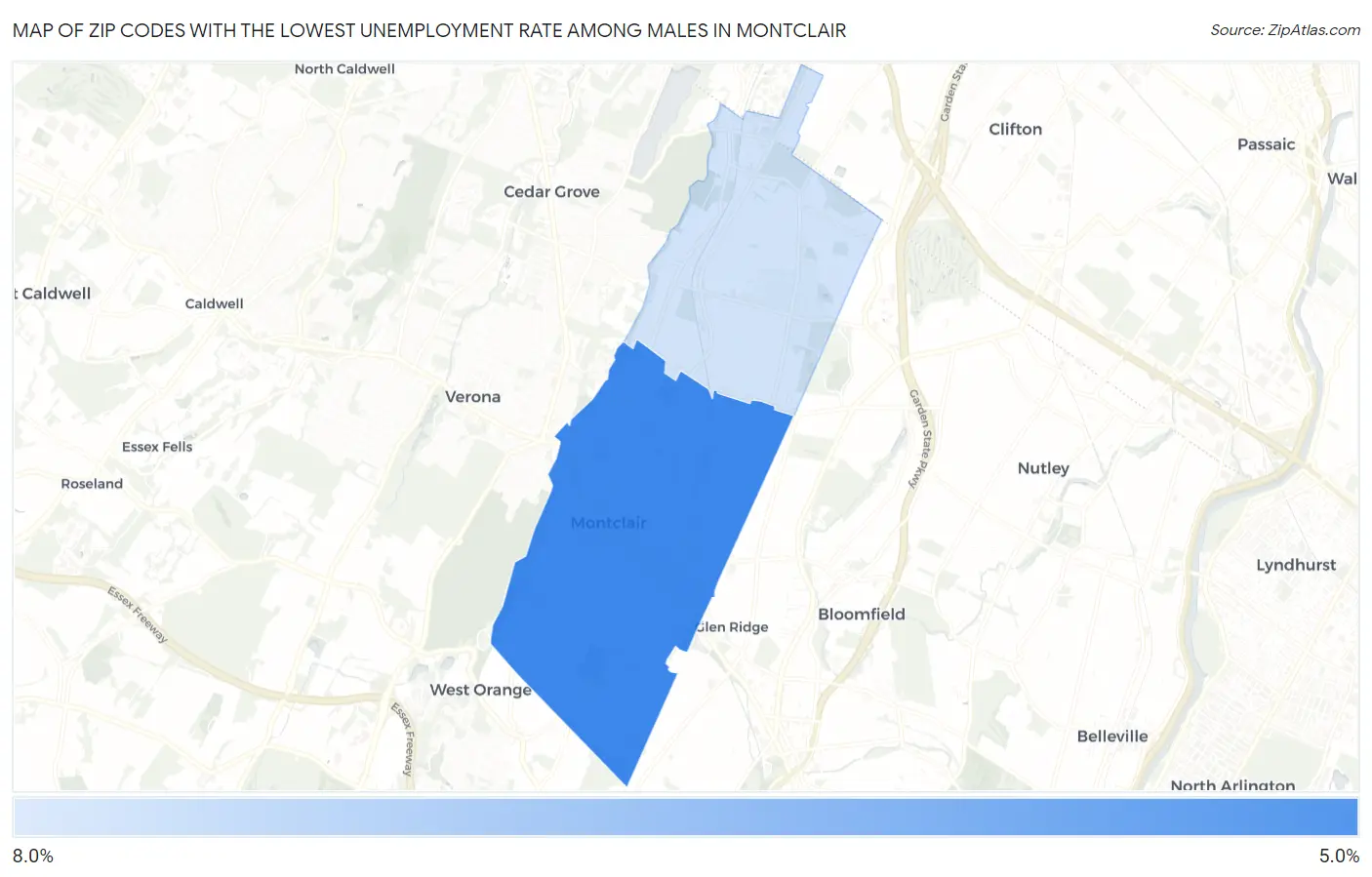 Zip Codes with the Lowest Unemployment Rate Among Males in Montclair Map