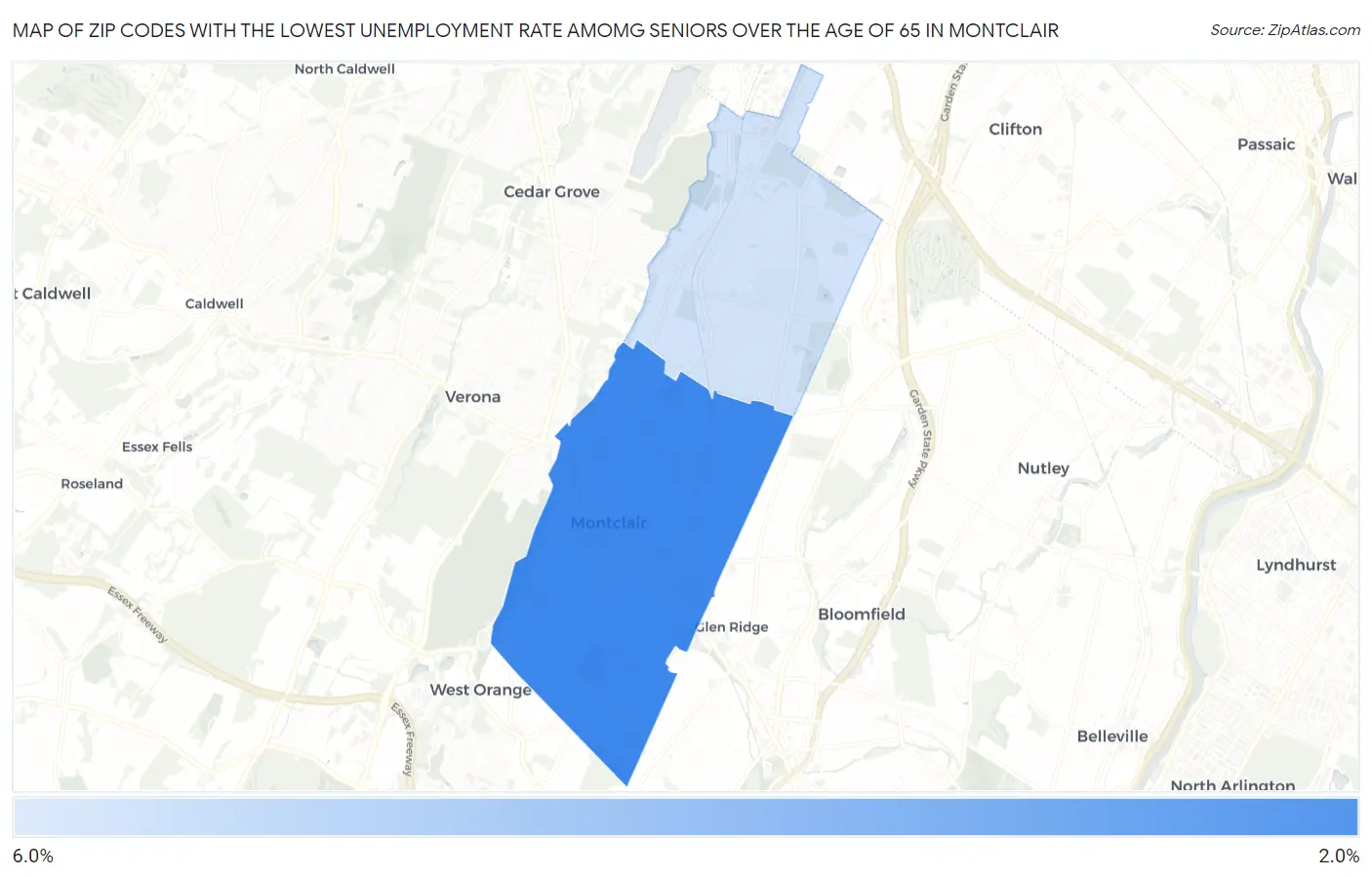 Zip Codes with the Lowest Unemployment Rate Amomg Seniors Over the Age of 65 in Montclair Map