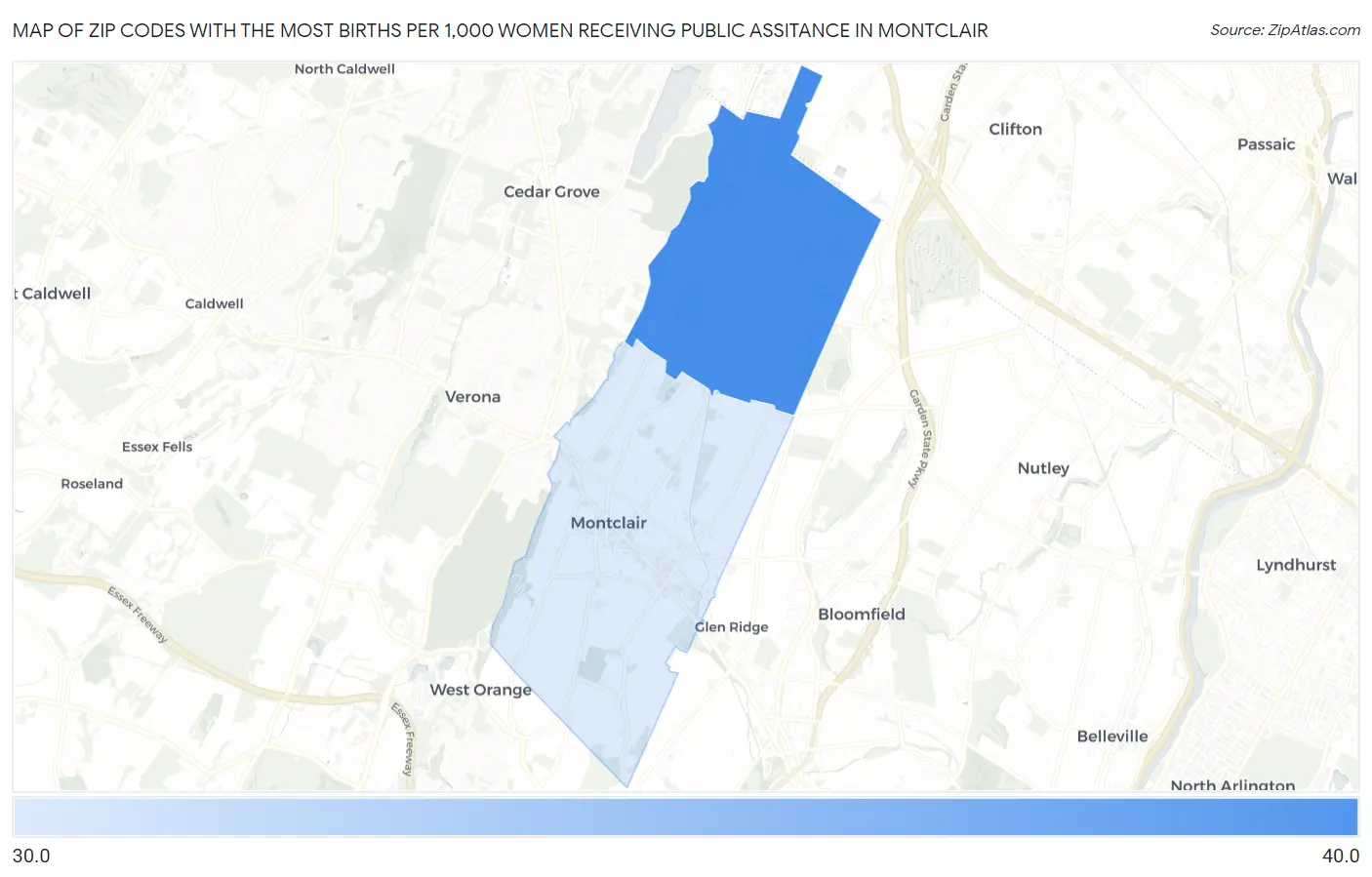 Zip Codes with the Most Births per 1,000 Women Receiving Public Assitance in Montclair Map
