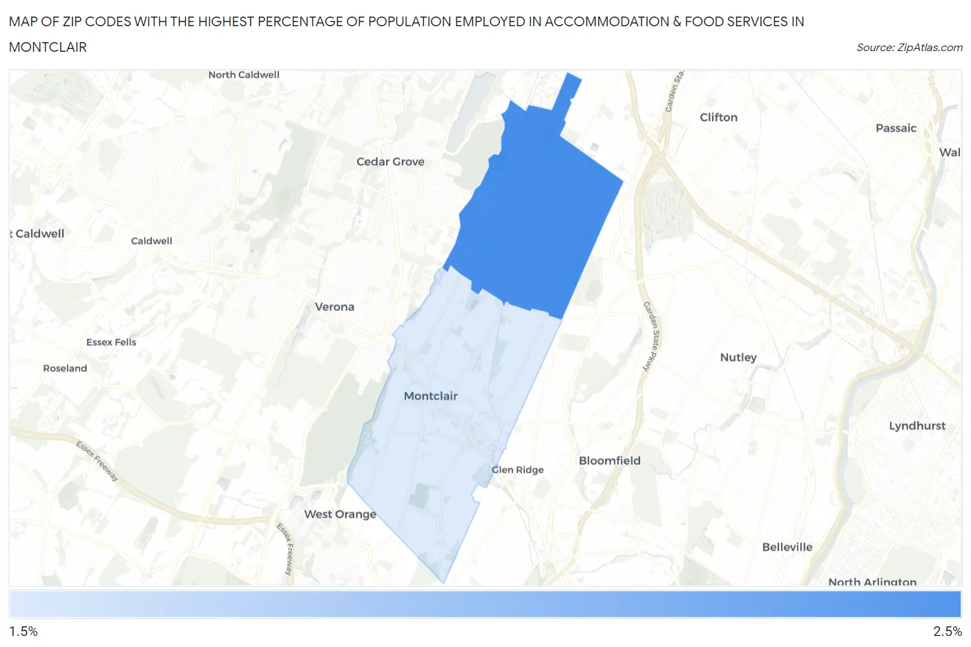 Zip Codes with the Highest Percentage of Population Employed in Accommodation & Food Services in Montclair Map