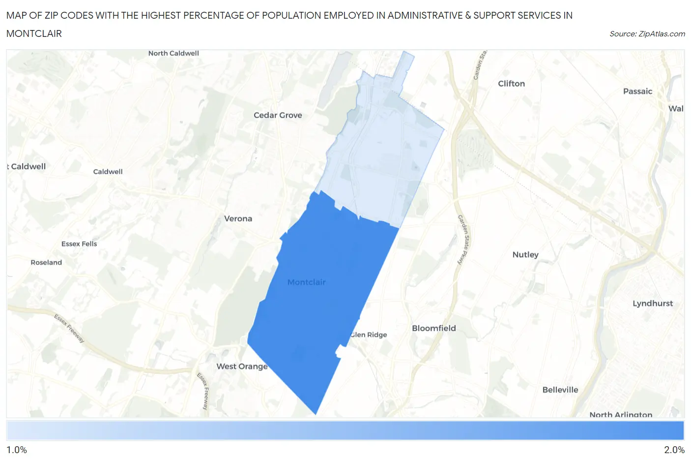 Zip Codes with the Highest Percentage of Population Employed in Administrative & Support Services in Montclair Map