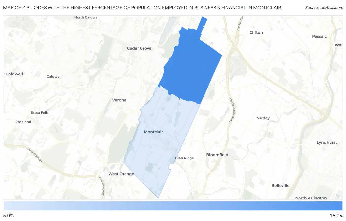 Zip Codes with the Highest Percentage of Population Employed in Business & Financial in Montclair Map