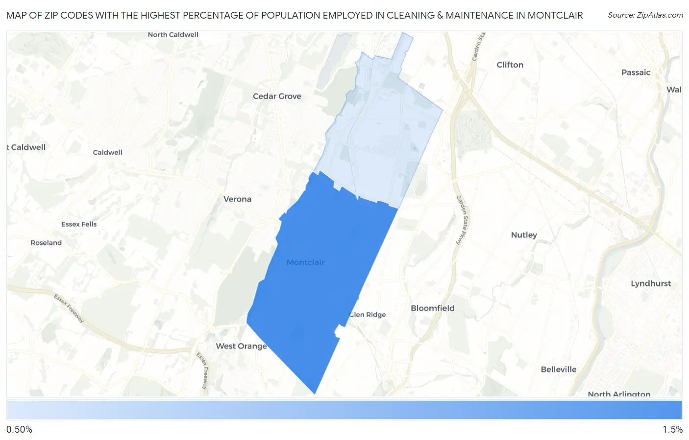 Zip Codes with the Highest Percentage of Population Employed in Cleaning & Maintenance in Montclair Map
