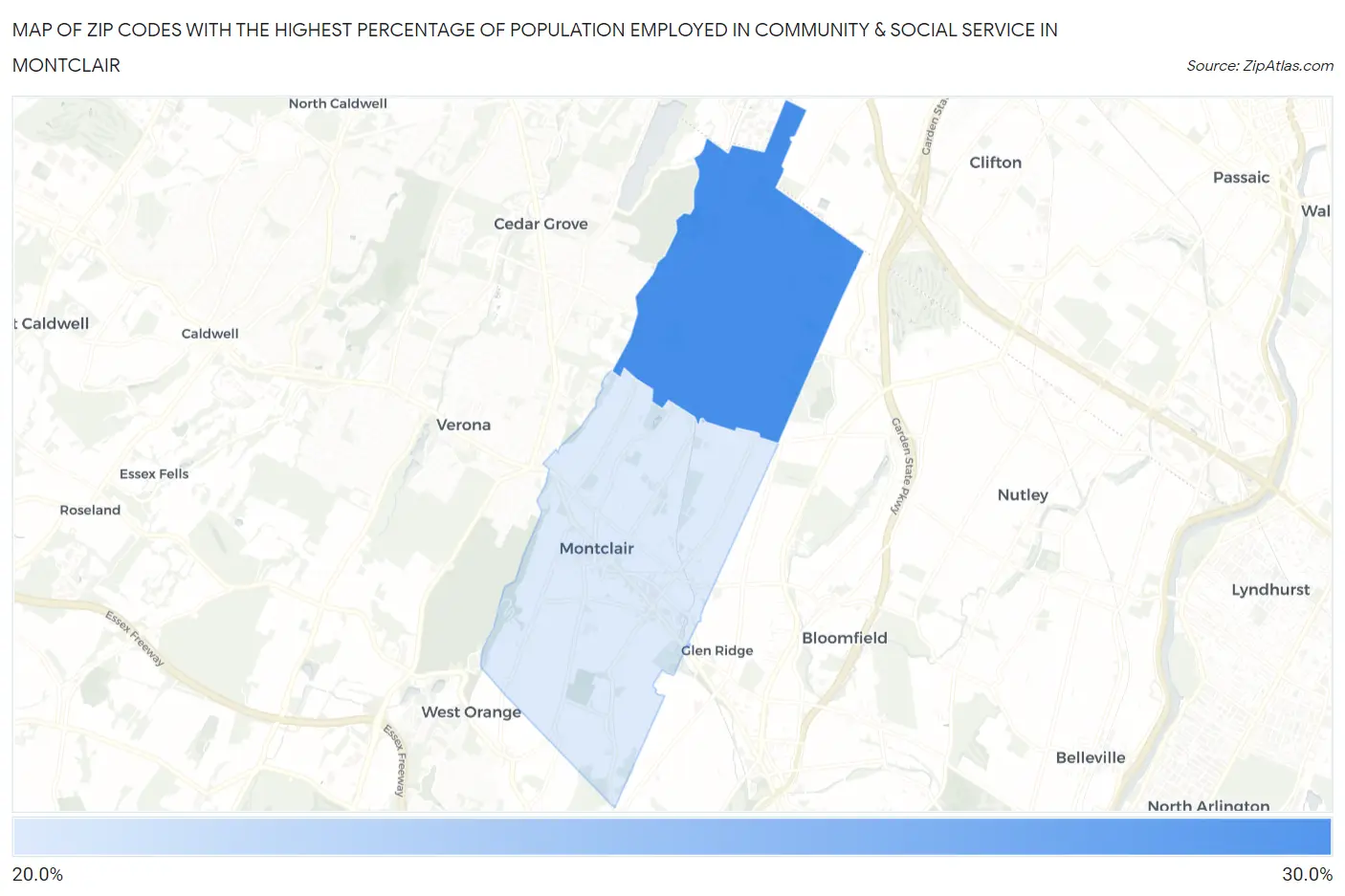Zip Codes with the Highest Percentage of Population Employed in Community & Social Service  in Montclair Map