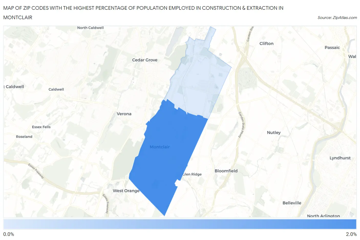 Zip Codes with the Highest Percentage of Population Employed in Construction & Extraction in Montclair Map