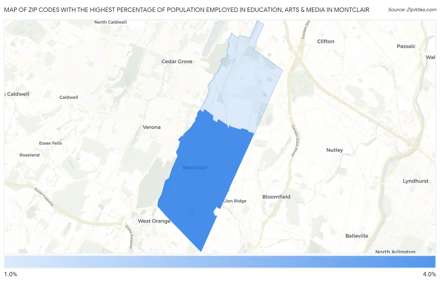Zip Codes with the Highest Percentage of Population Employed in Education, Arts & Media in Montclair Map