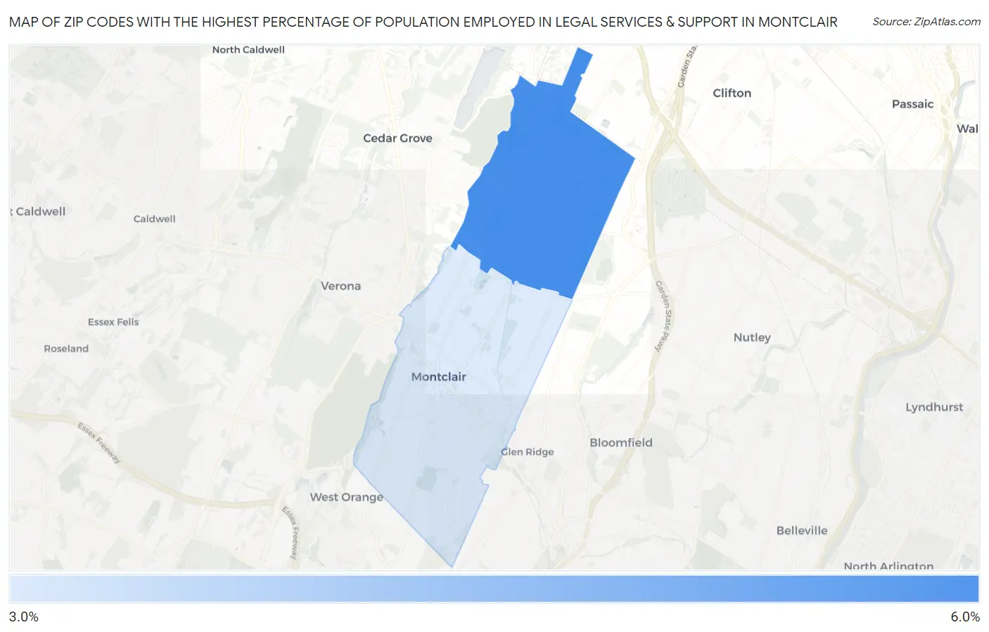 Zip Codes with the Highest Percentage of Population Employed in Legal Services & Support in Montclair Map