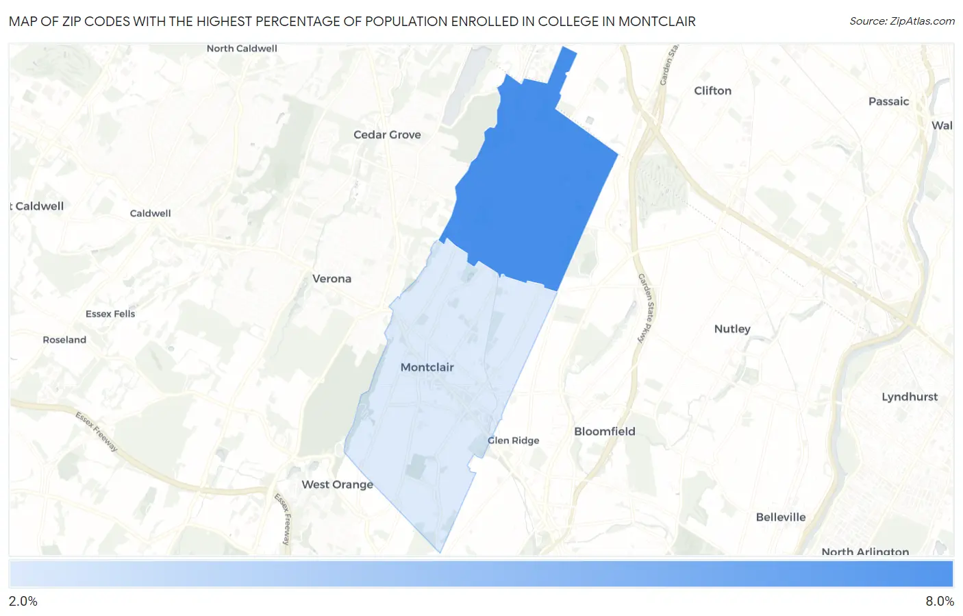 Zip Codes with the Highest Percentage of Population Enrolled in College in Montclair Map