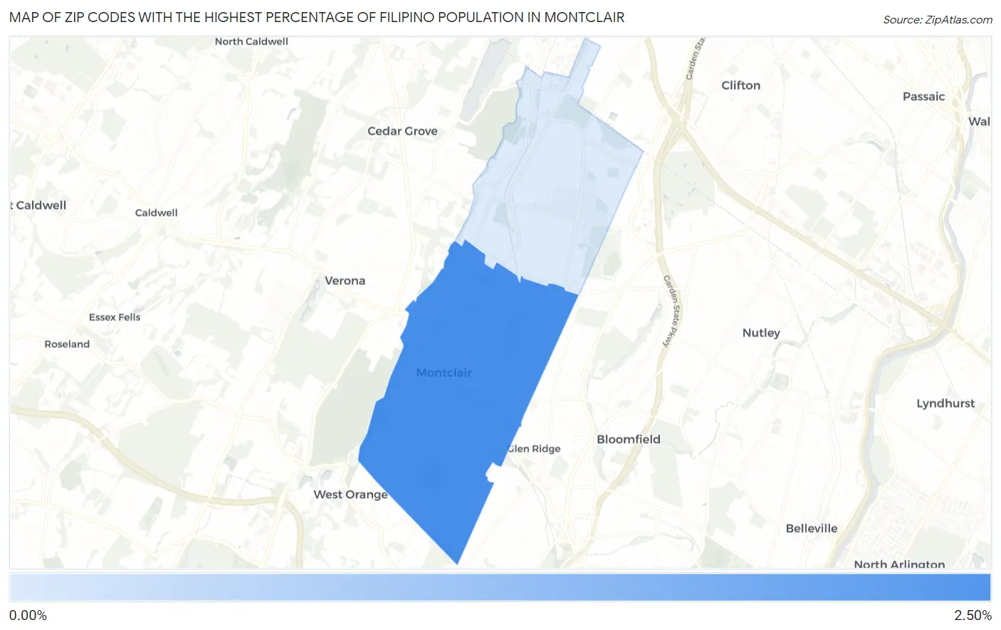 Zip Codes with the Highest Percentage of Filipino Population in Montclair Map