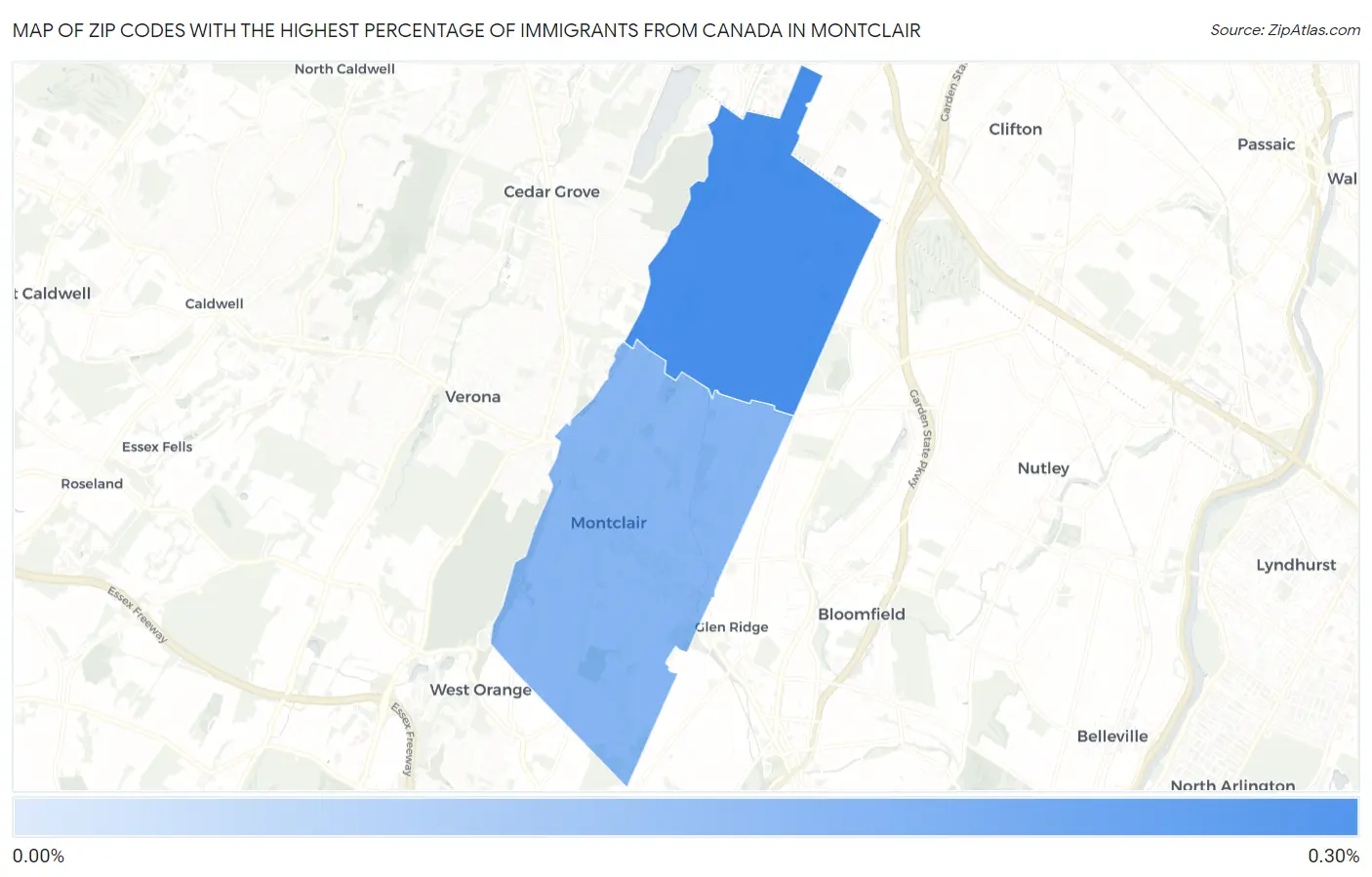 Zip Codes with the Highest Percentage of Immigrants from Canada in Montclair Map