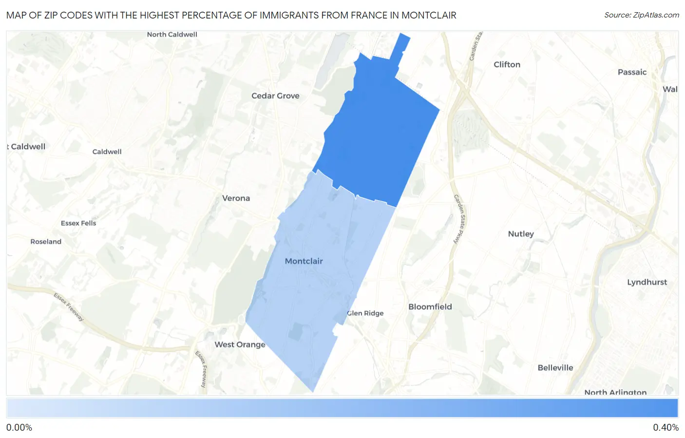 Zip Codes with the Highest Percentage of Immigrants from France in Montclair Map