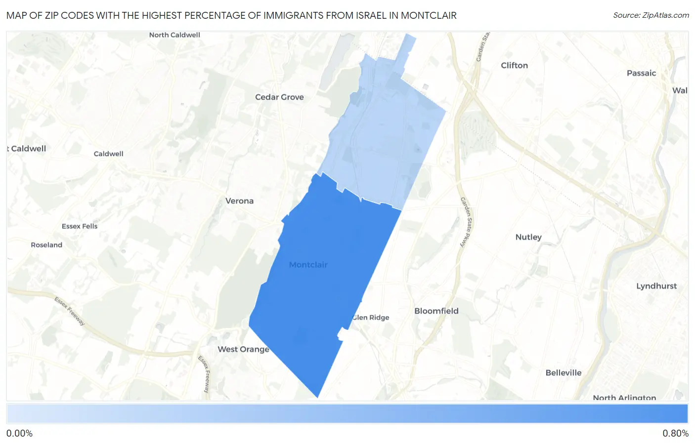 Zip Codes with the Highest Percentage of Immigrants from Israel in Montclair Map