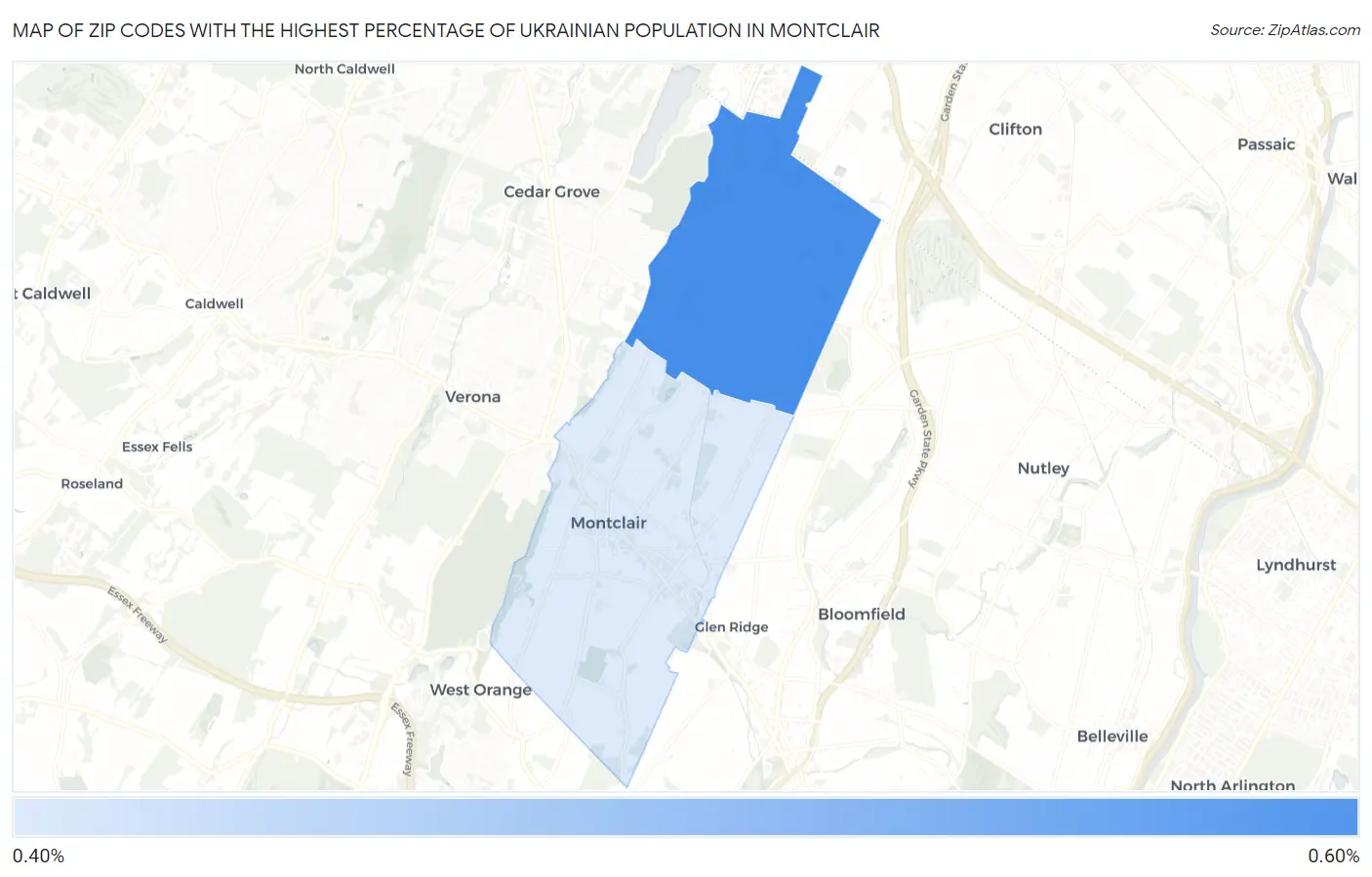 Zip Codes with the Highest Percentage of Ukrainian Population in Montclair Map