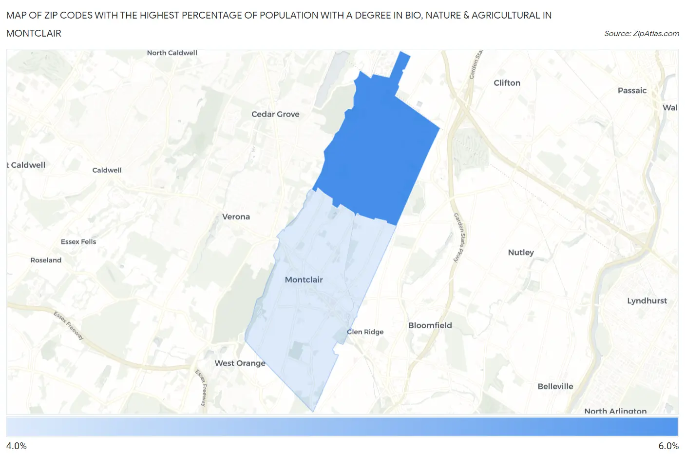 Zip Codes with the Highest Percentage of Population with a Degree in Bio, Nature & Agricultural in Montclair Map