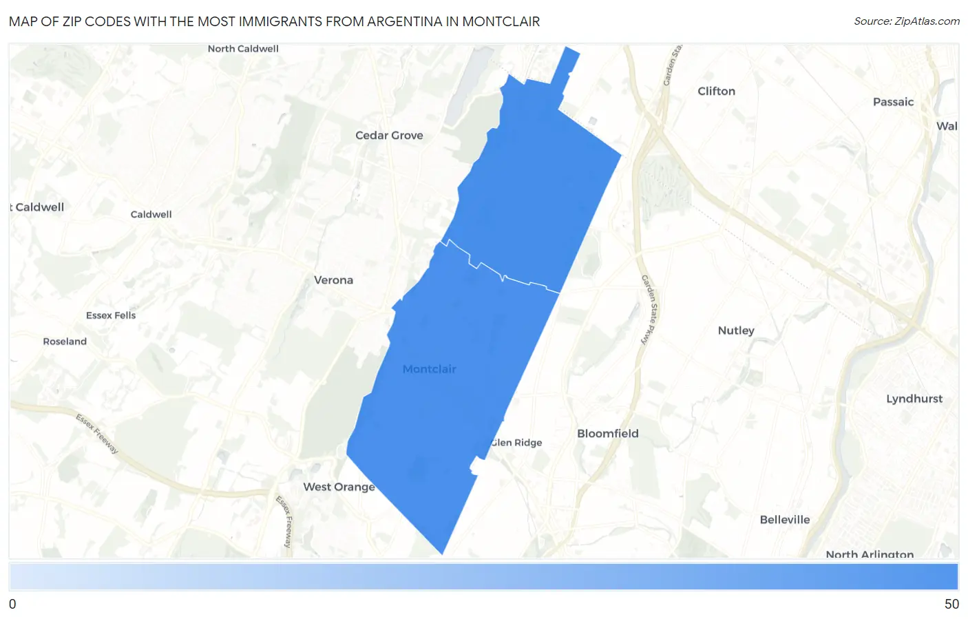 Zip Codes with the Most Immigrants from Argentina in Montclair Map