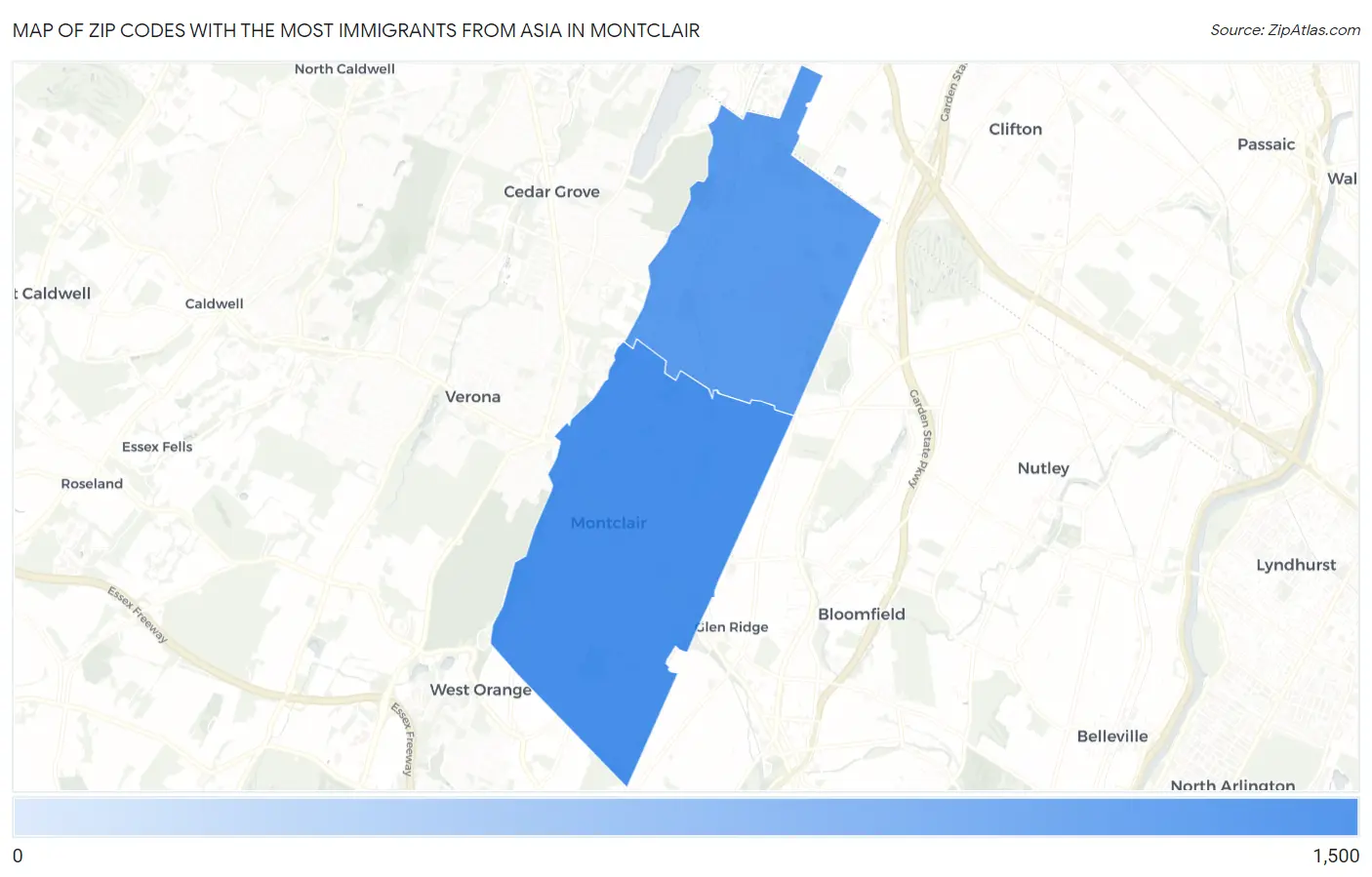 Zip Codes with the Most Immigrants from Asia in Montclair Map