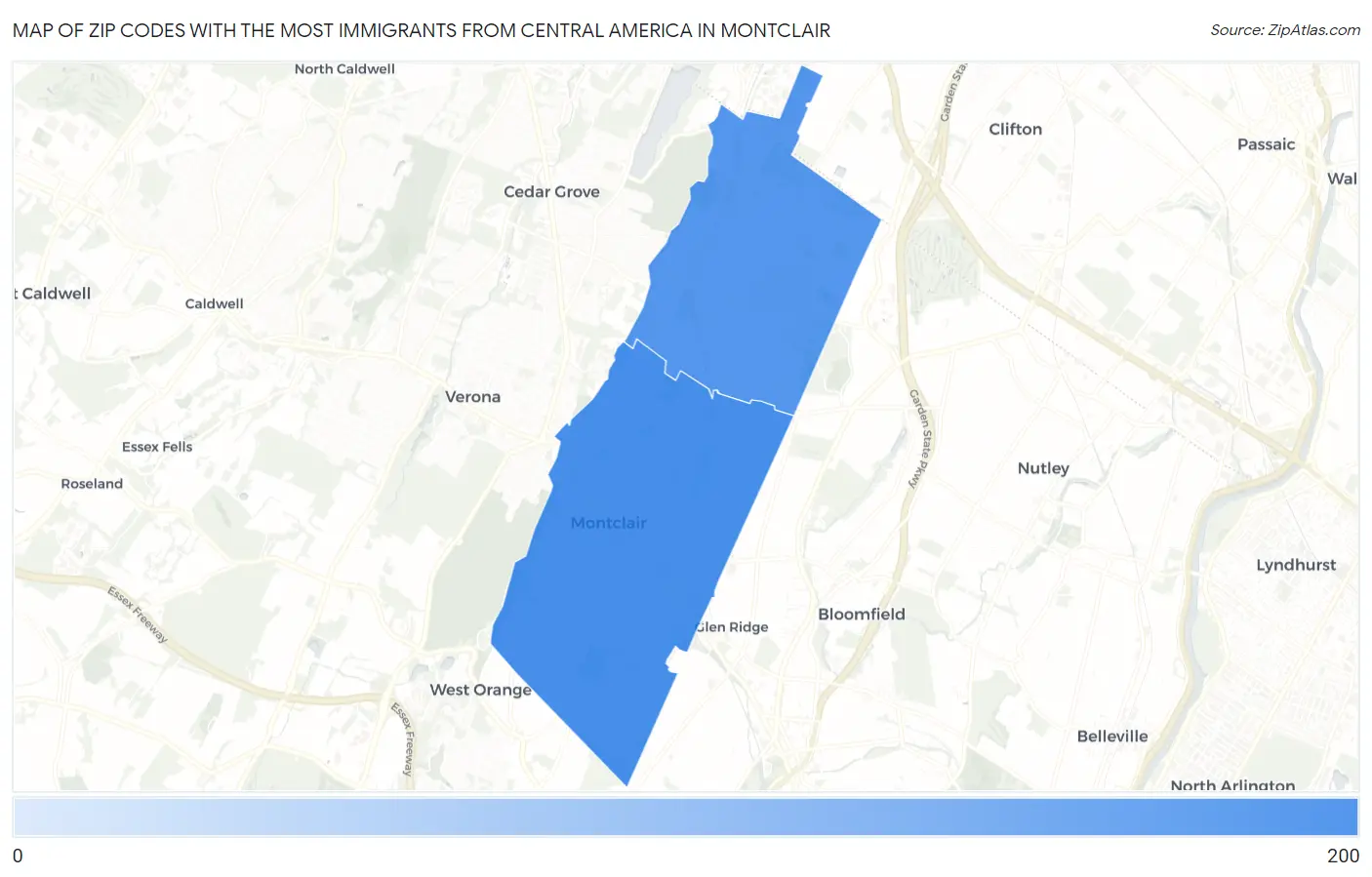 Zip Codes with the Most Immigrants from Central America in Montclair Map