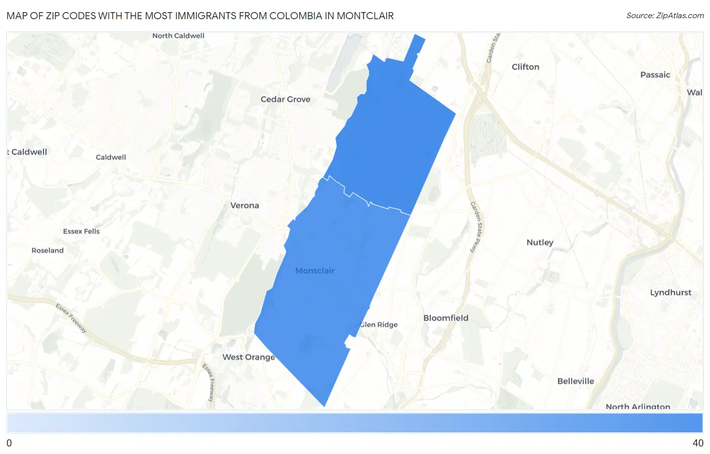 Zip Codes with the Most Immigrants from Colombia in Montclair Map