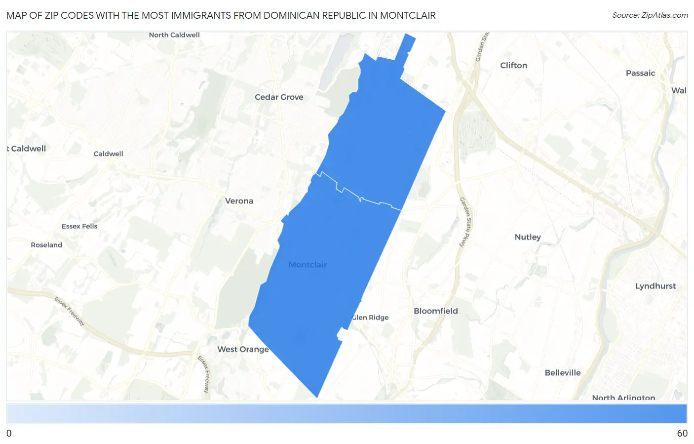 Zip Codes with the Most Immigrants from Dominican Republic in Montclair Map