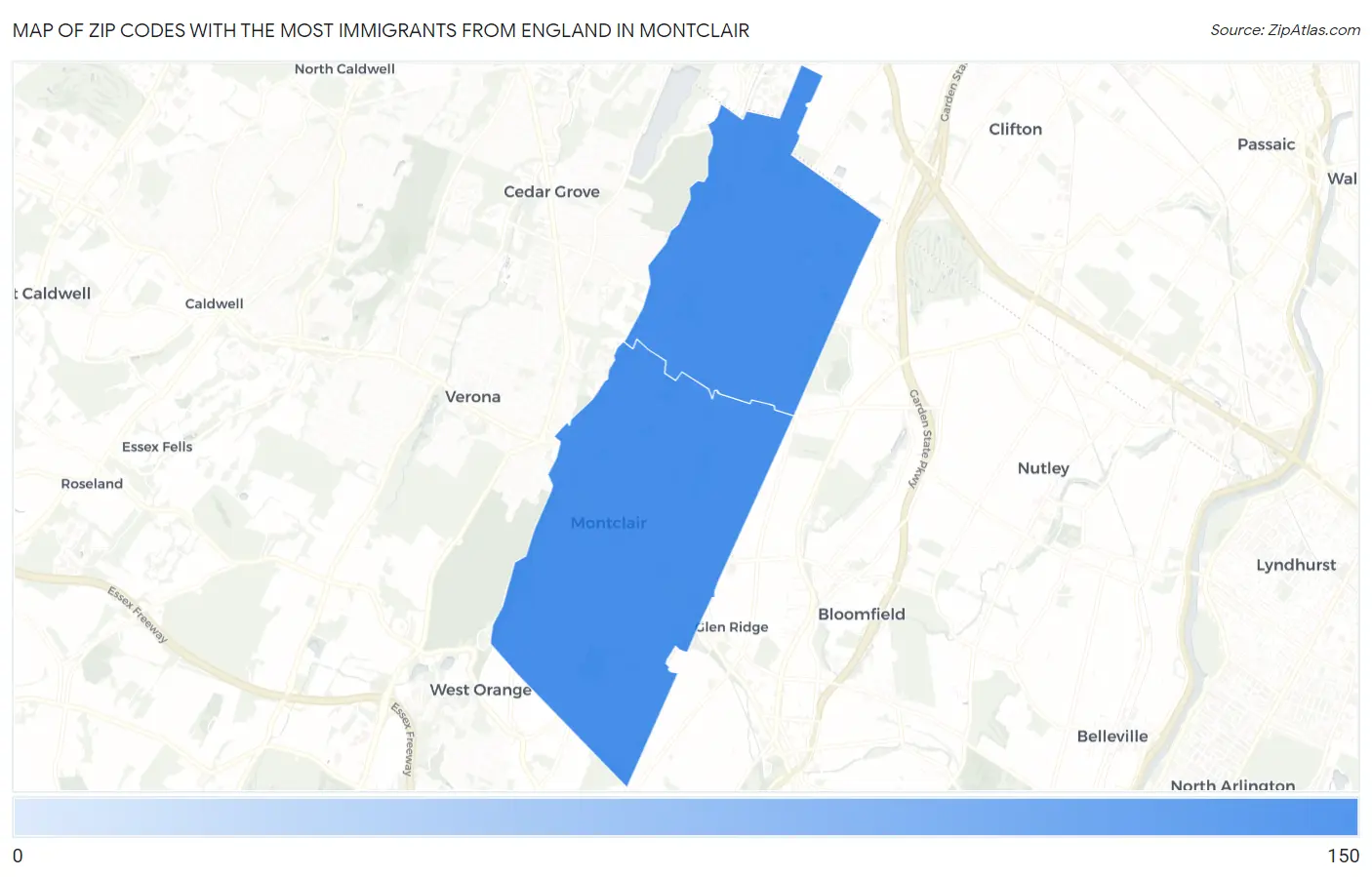 Zip Codes with the Most Immigrants from England in Montclair Map