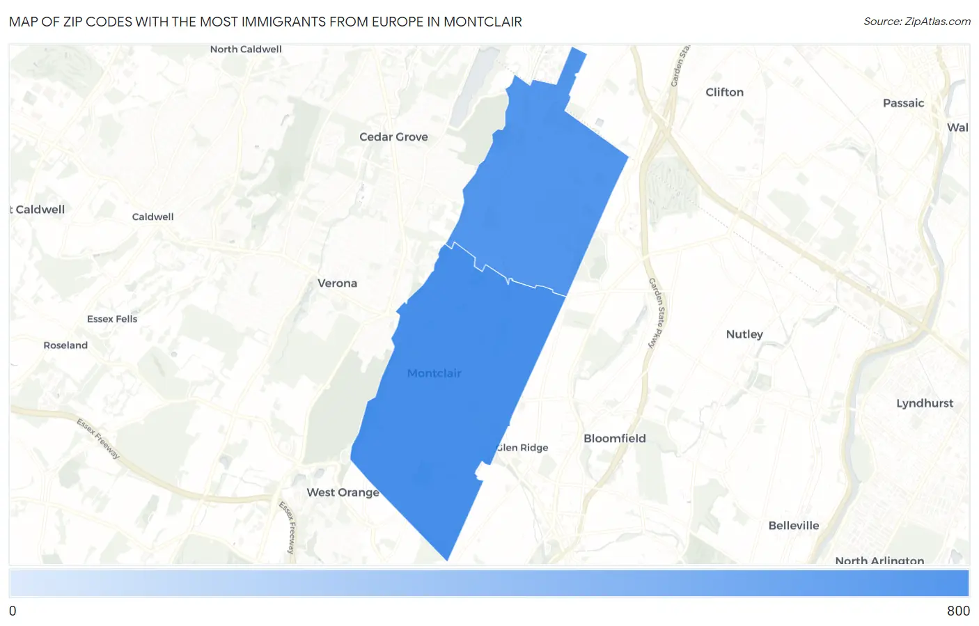 Zip Codes with the Most Immigrants from Europe in Montclair Map