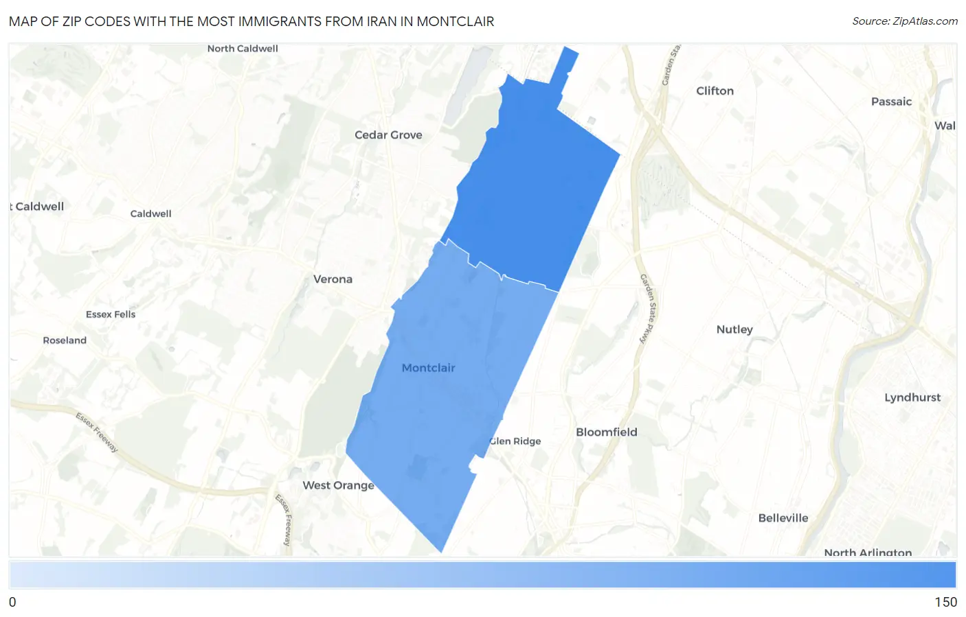 Zip Codes with the Most Immigrants from Iran in Montclair Map
