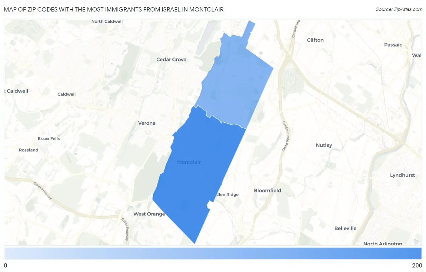 Zip Codes with the Most Immigrants from Israel in Montclair Map