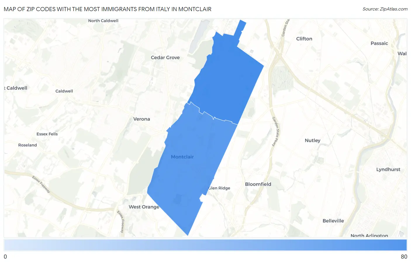 Zip Codes with the Most Immigrants from Italy in Montclair Map