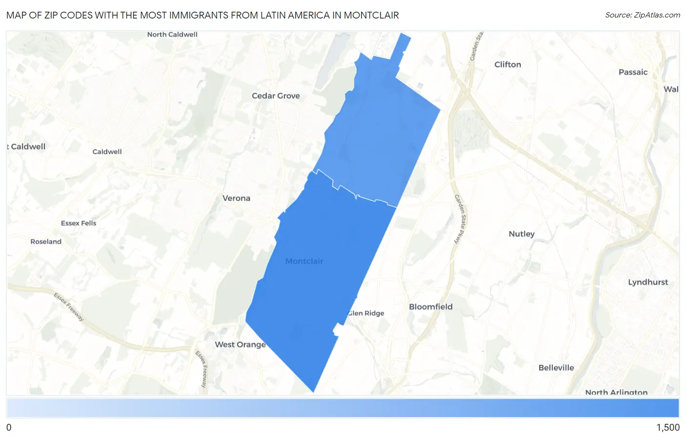 Zip Codes with the Most Immigrants from Latin America in Montclair Map