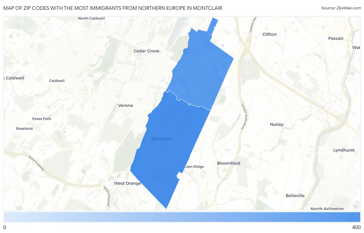 Zip Codes with the Most Immigrants from Northern Europe in Montclair Map