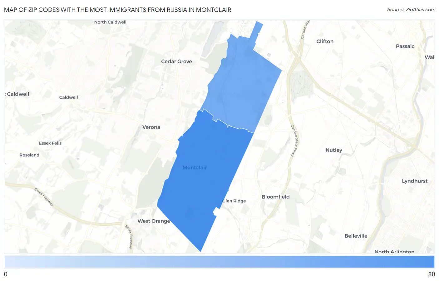 Zip Codes with the Most Immigrants from Russia in Montclair Map