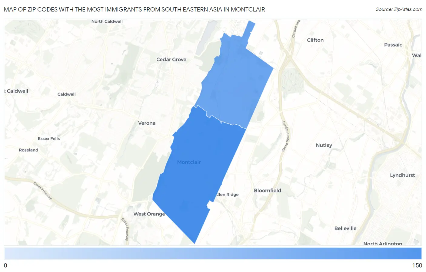 Zip Codes with the Most Immigrants from South Eastern Asia in Montclair Map