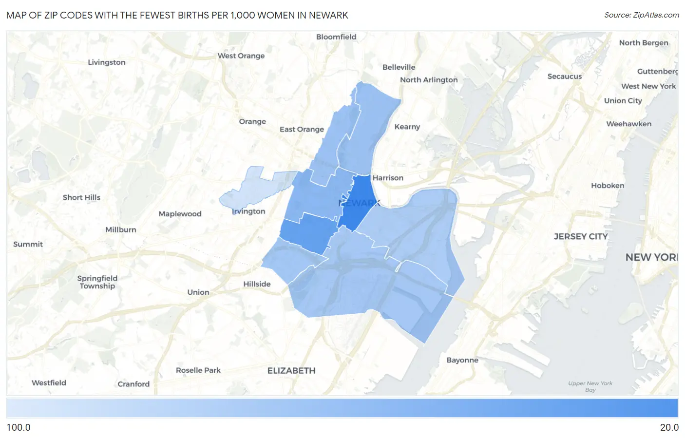 Zip Codes with the Fewest Births per 1,000 Women in Newark Map