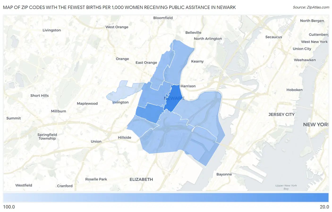 Zip Codes with the Fewest Births per 1,000 Women Receiving Public Assitance in Newark Map