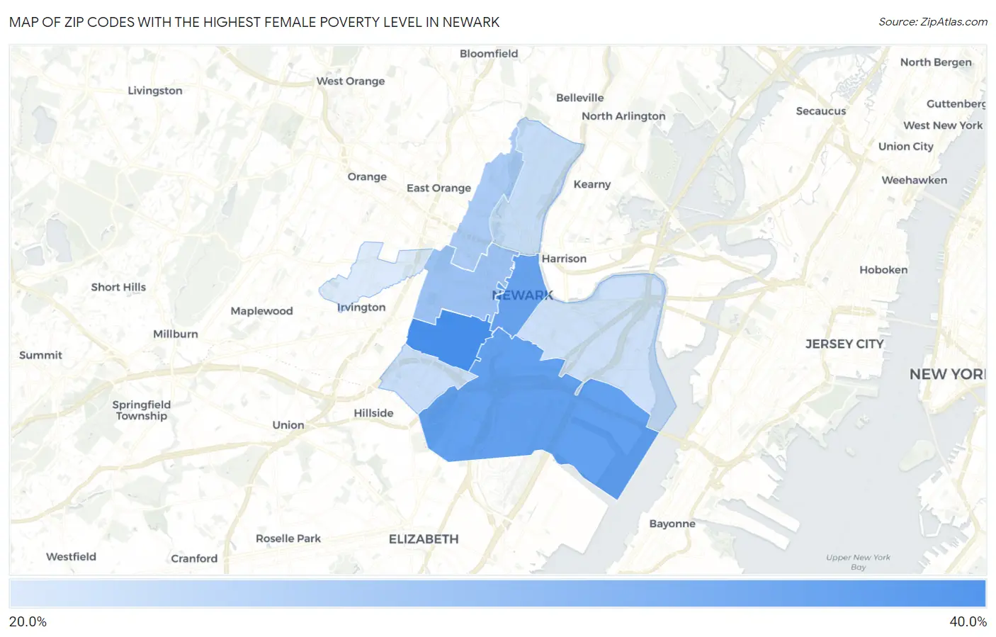 Zip Codes with the Highest Female Poverty Level in Newark Map