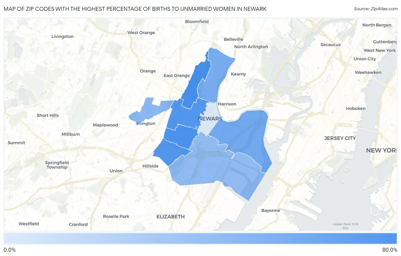 Zip Codes with the Highest Percentage of Births to Unmarried Women in Newark Map