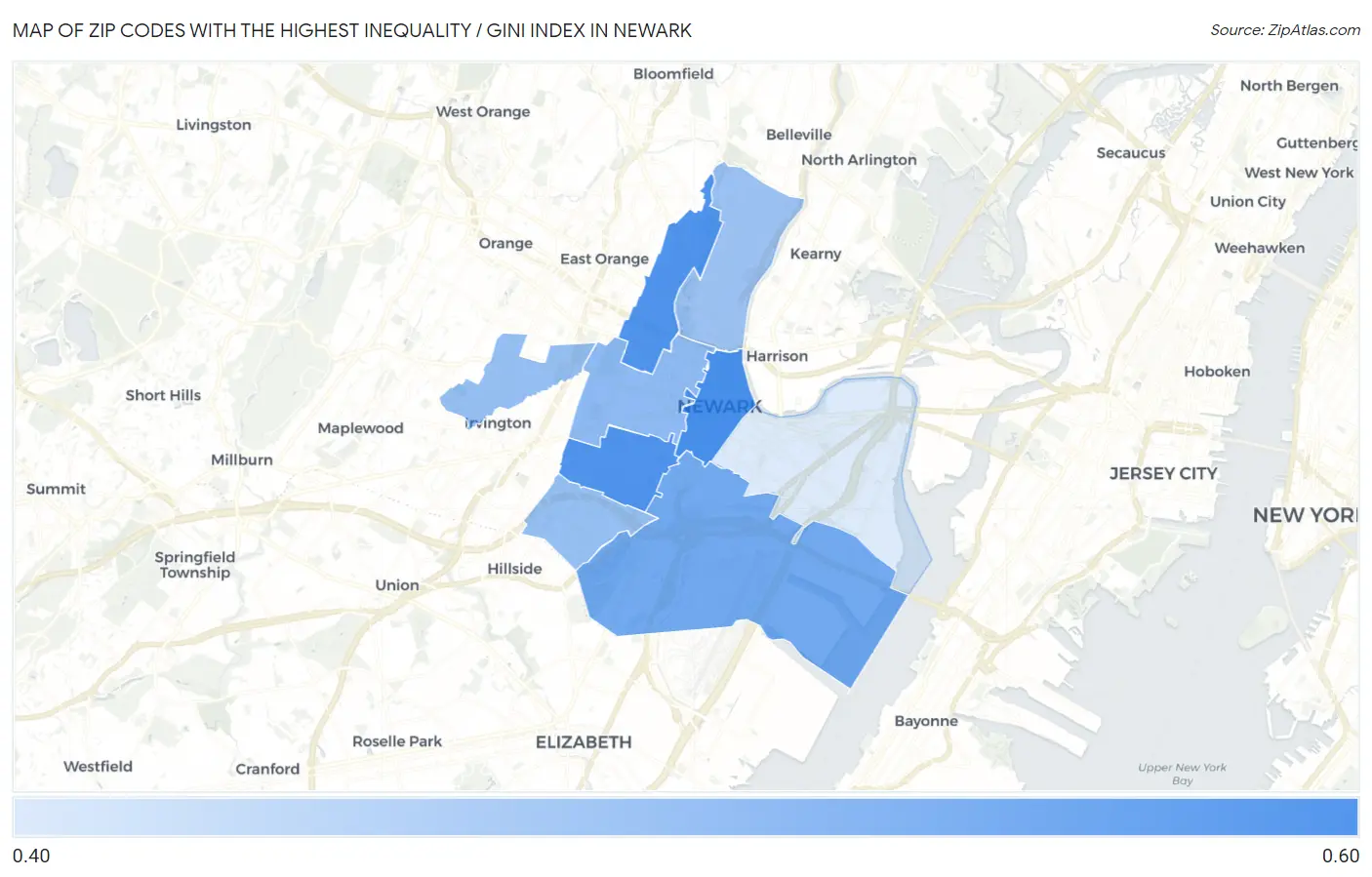 Zip Codes with the Highest Inequality / Gini Index in Newark Map