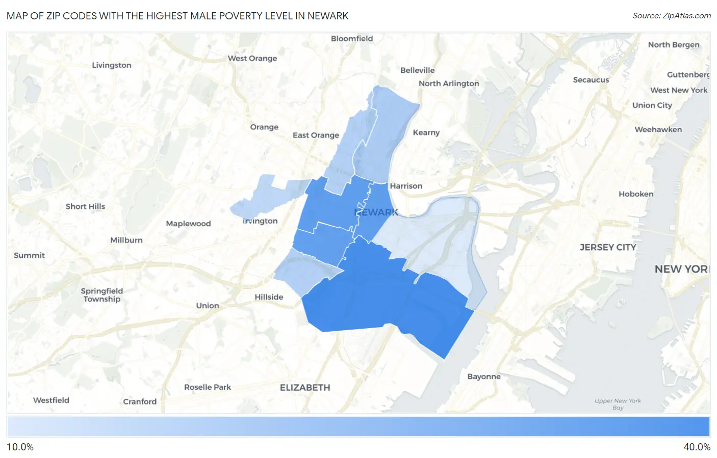 Zip Codes with the Highest Male Poverty Level in Newark Map
