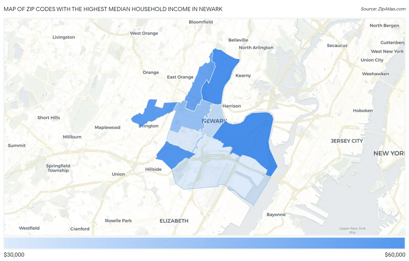 Zip Codes with the Highest Median Household Income in Newark Map