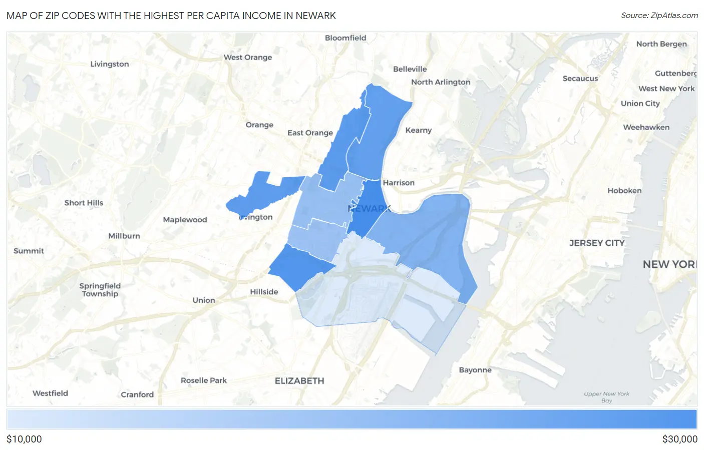 Zip Codes with the Highest Per Capita Income in Newark Map