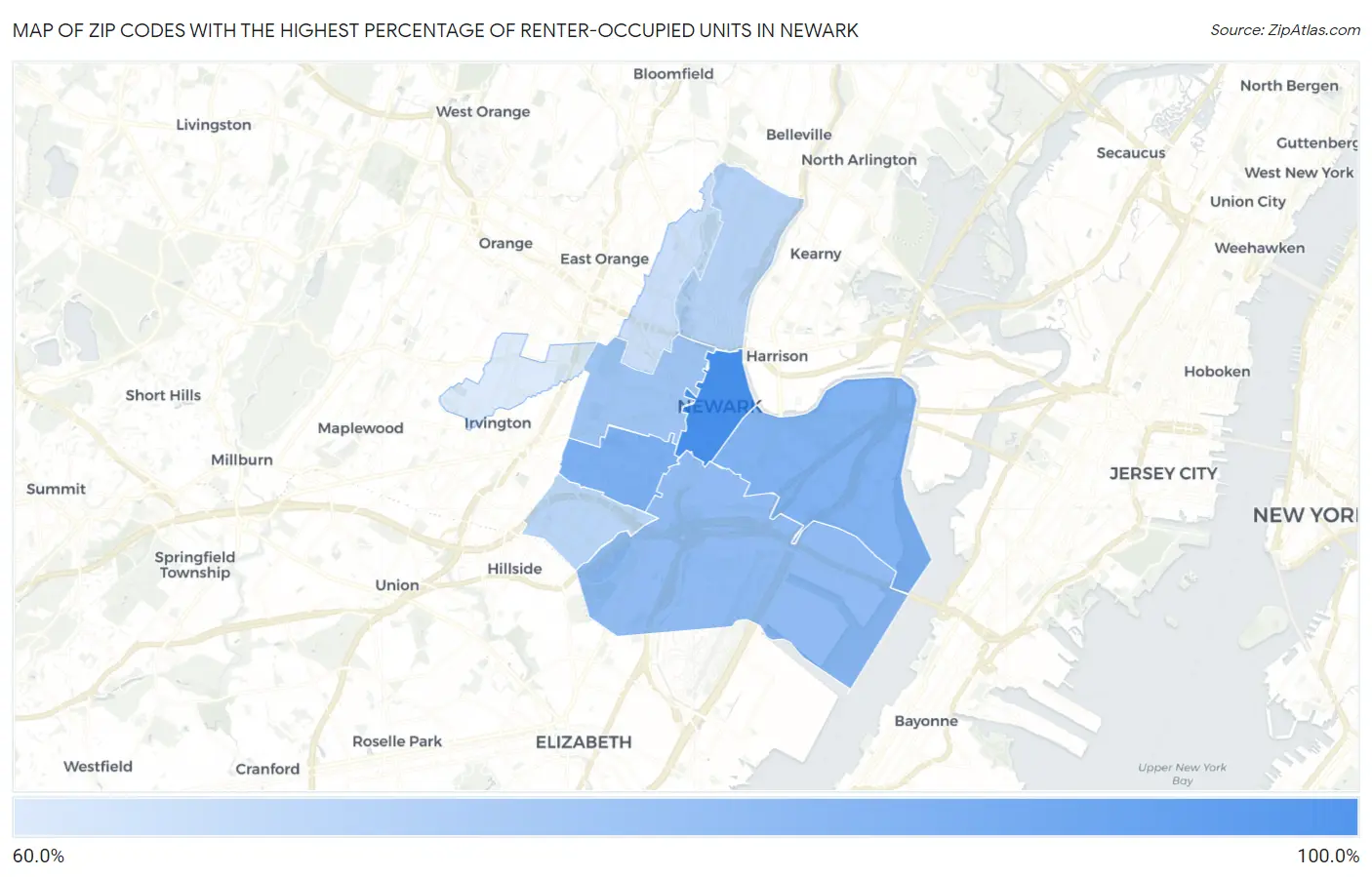 Zip Codes with the Highest Percentage of Renter-Occupied Units in Newark Map